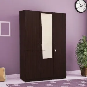 Walnut Colour 3 Door Wardrobe with Mirror,Drawer, Shelves and Hanging Space for Clothes | Wardrobe for Clothes | Cupboard | Almirah