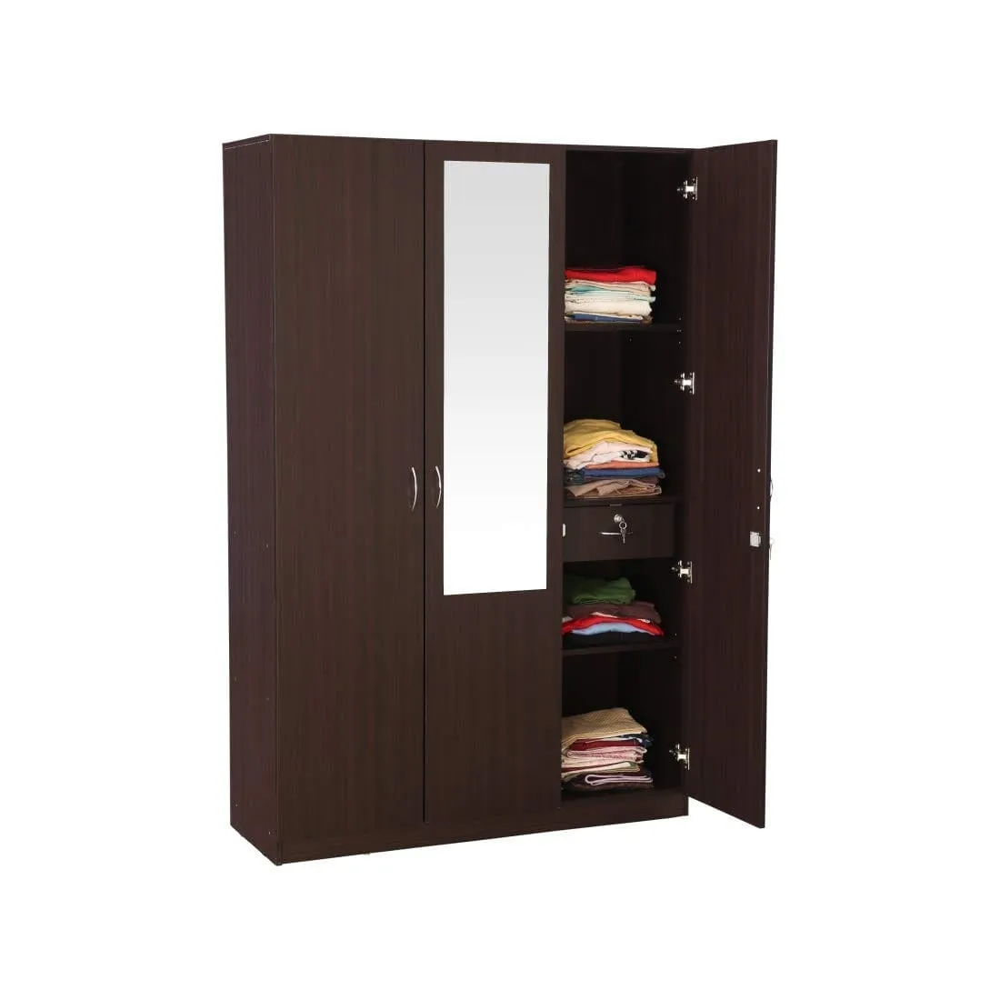 Walnut Colour 3 Door Wardrobe with Mirror,Drawer, Shelves and Hanging Space for Clothes | Wardrobe for Clothes | Cupboard | Almirah