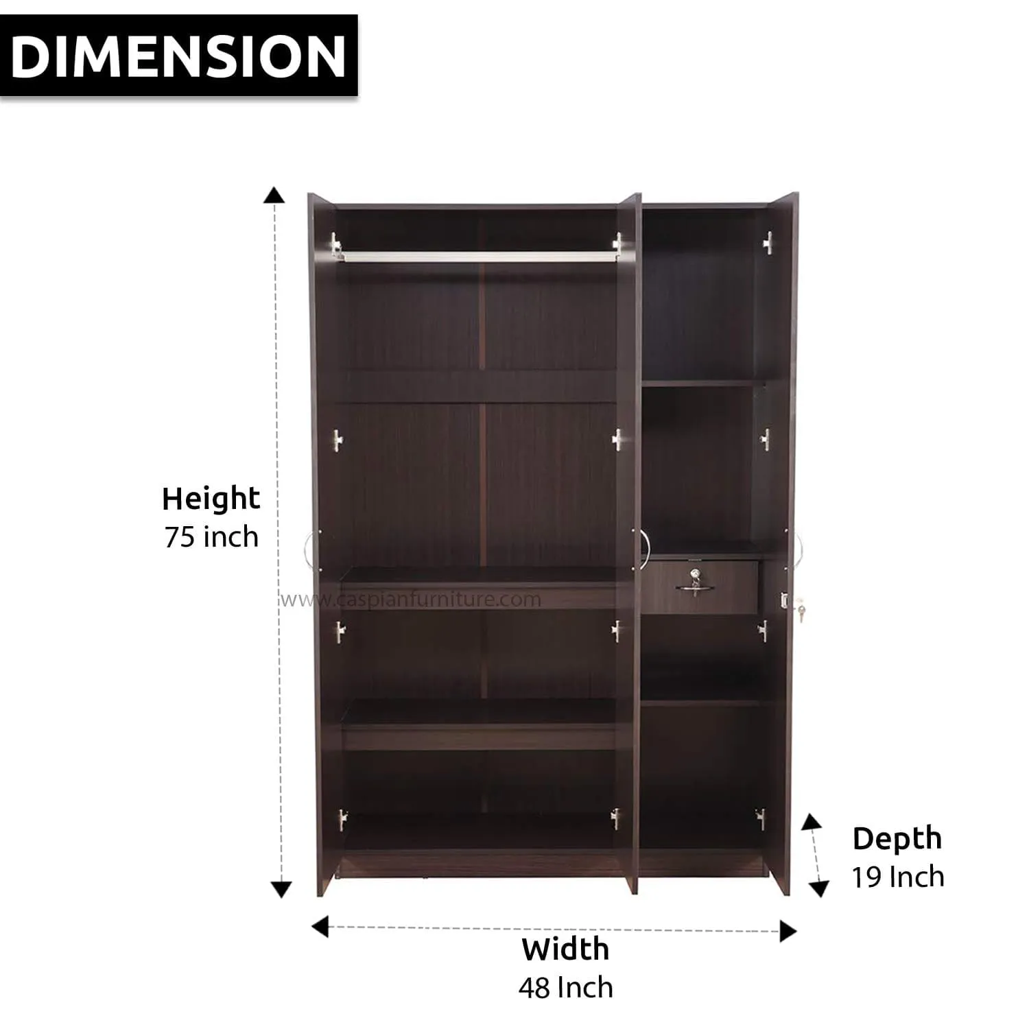 Walnut Colour 3 Door Wardrobe with Mirror,Drawer, Shelves and Hanging Space for Clothes | Wardrobe for Clothes | Cupboard | Almirah