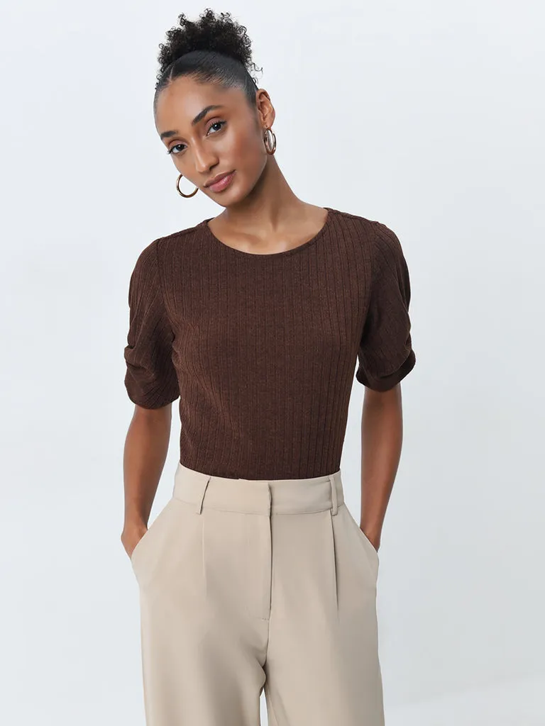 Wardrobe Brown Ribbed Textured Top
