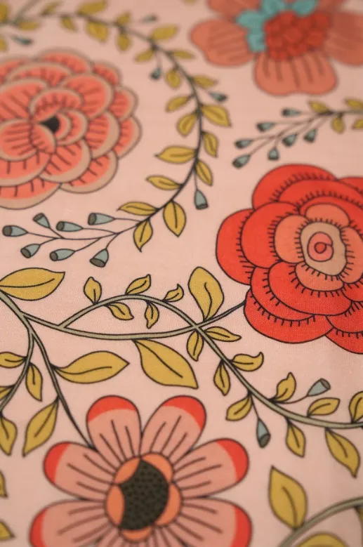 Warm Tone Floral Motif Pattern Printed Natural Muslin Silk Fabric