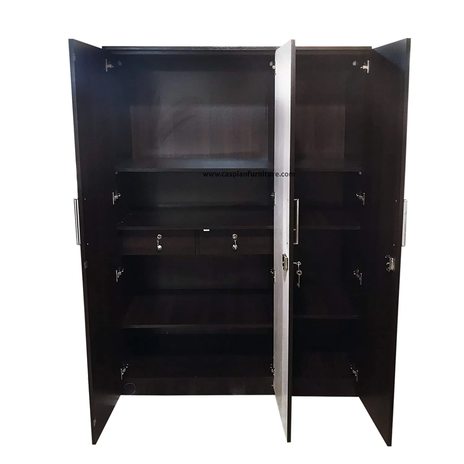 White and Walnut 3 Door Wardrobe with Drawers, Shelves and Hanging Space for Clothes