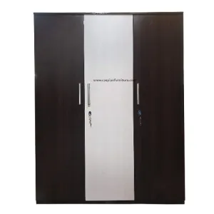 White and Walnut 3 Door Wardrobe with Drawers, Shelves and Hanging Space for Clothes