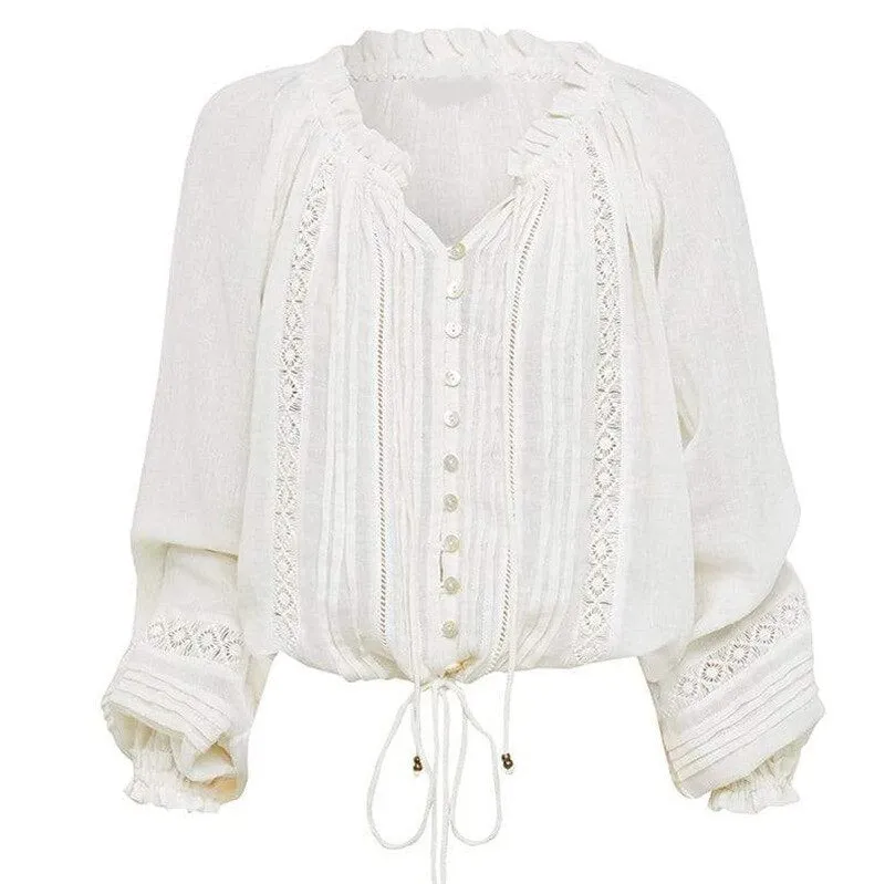 White Peasant Top With Adjustable Drawstring Neck Wear On Or Off The Shoulders Long Lantern Sleeves Cotton Wench Pirate Bohemian Top Button Front Embroidered Trim Small Medium Or Large