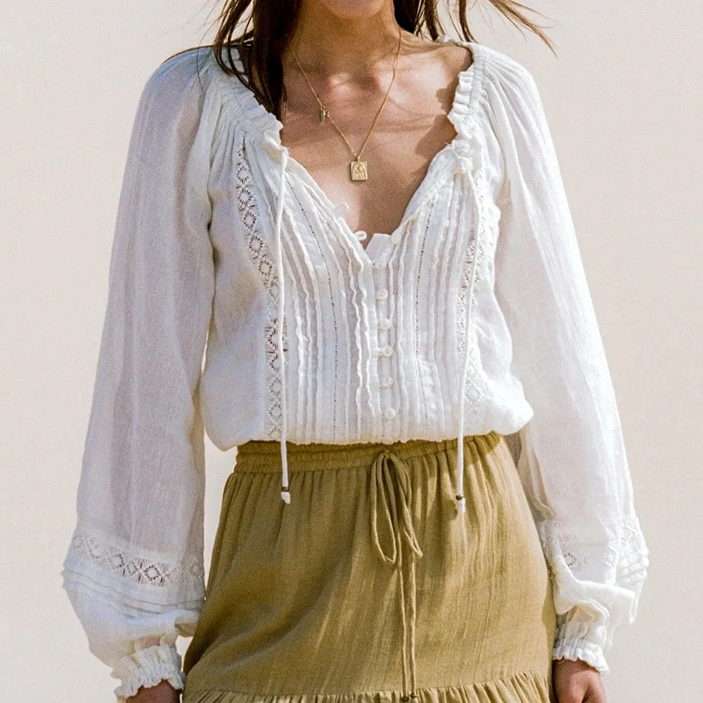 White Peasant Top With Adjustable Drawstring Neck Wear On Or Off The Shoulders Long Lantern Sleeves Cotton Wench Pirate Bohemian Top Button Front Embroidered Trim Small Medium Or Large