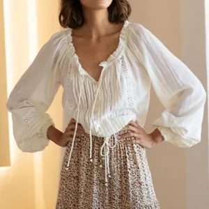 White Peasant Top With Adjustable Drawstring Neck Wear On Or Off The Shoulders Long Lantern Sleeves Cotton Wench Pirate Bohemian Top Button Front Embroidered Trim Small Medium Or Large