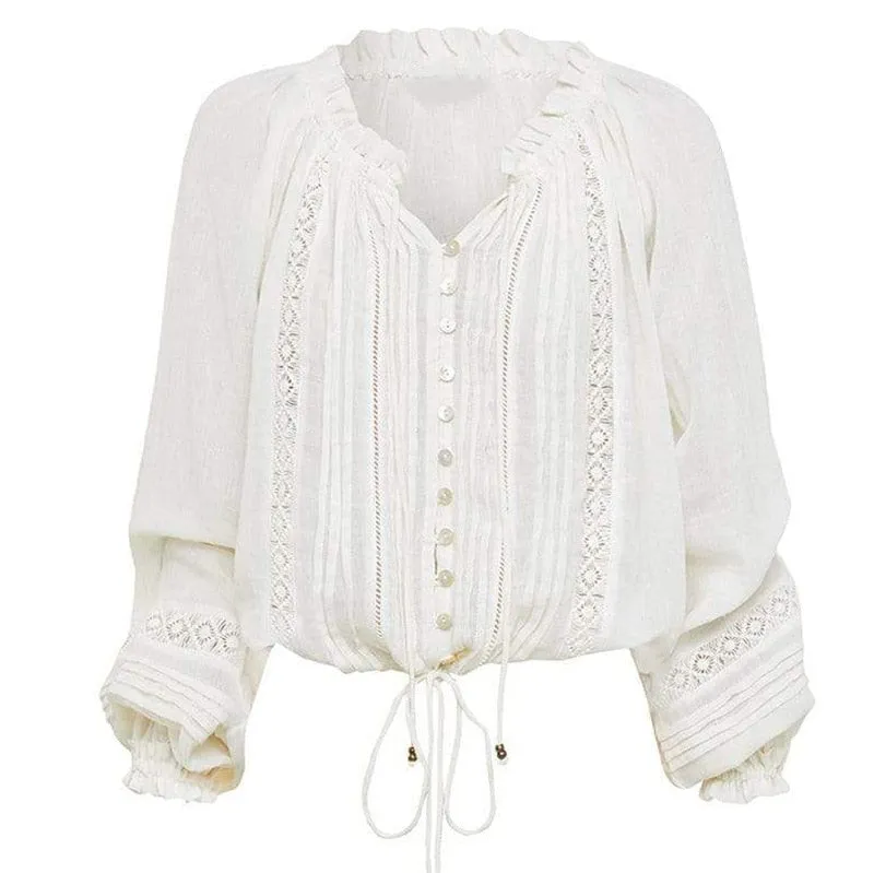 White Peasant Top With Adjustable Drawstring Neck Wear On Or Off The Shoulders Long Lantern Sleeves Cotton Wench Pirate Bohemian Top Button Front Embroidered Trim Small Medium Or Large