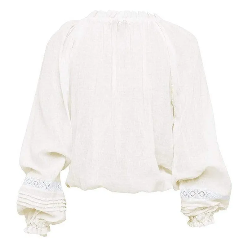 White Peasant Top With Adjustable Drawstring Neck Wear On Or Off The Shoulders Long Lantern Sleeves Cotton Wench Pirate Bohemian Top Button Front Embroidered Trim Small Medium Or Large