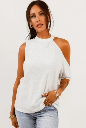 White Ribbed Zip-Back Cold-Shoulder Top