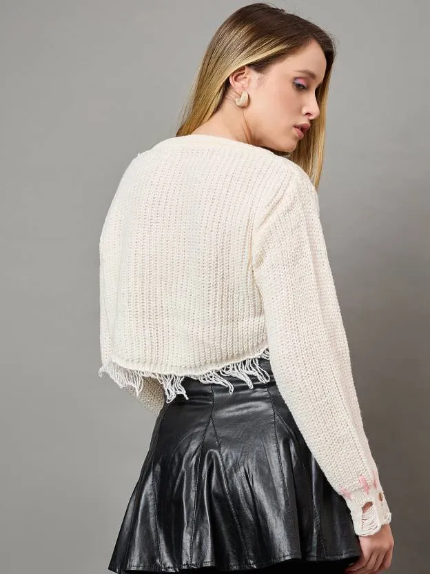 White Self design Full sleeves Sweater