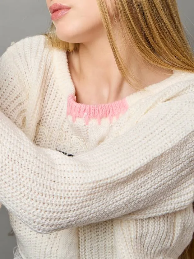 White Self design Full sleeves Sweater