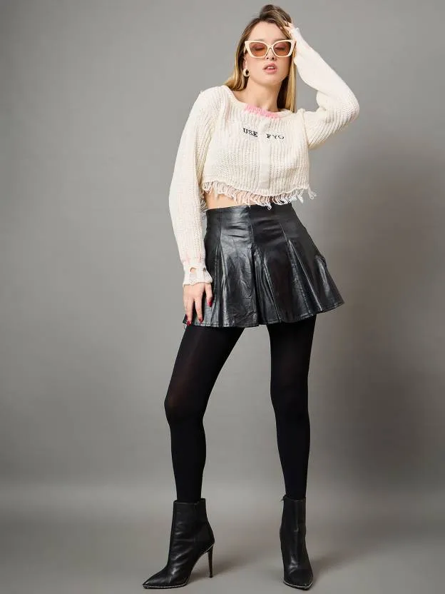 White Self design Full sleeves Sweater