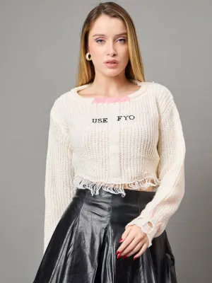 White Self design Full sleeves Sweater