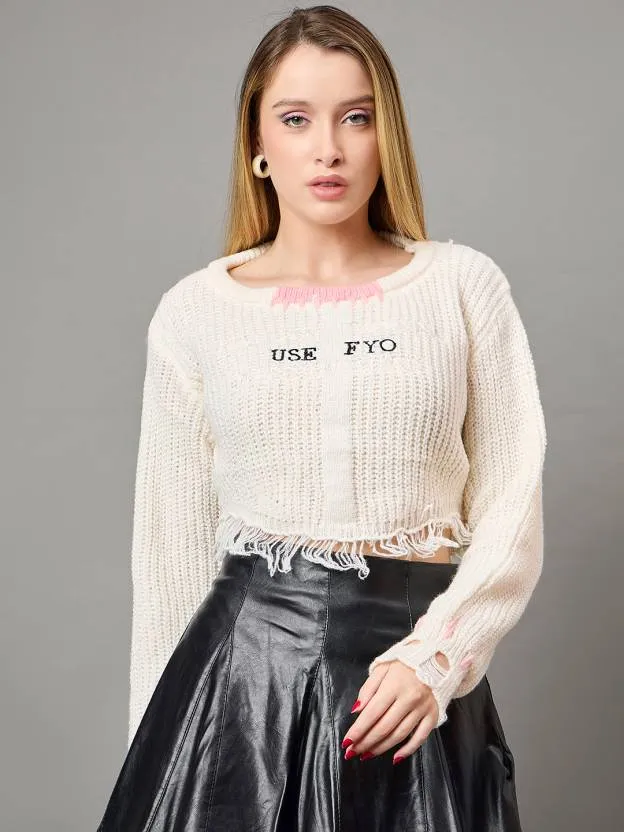 White Self design Full sleeves Sweater