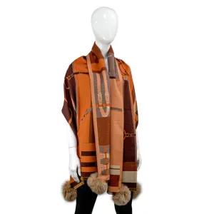 Wide Woven Scarf with Fox Pom Poms
