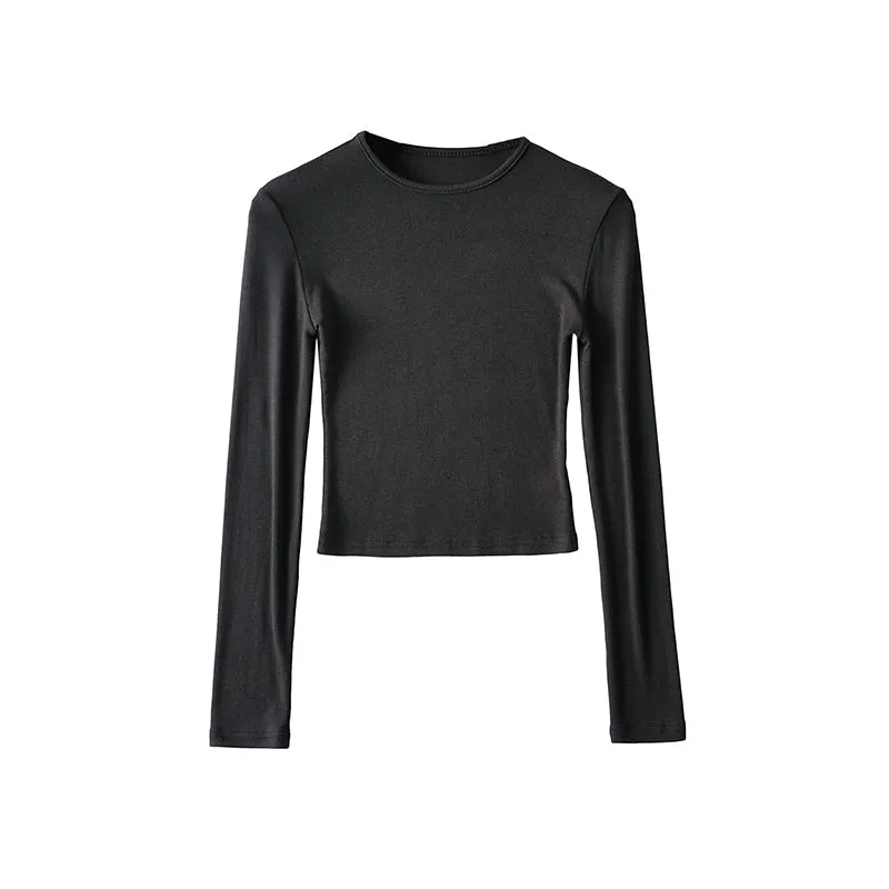 Willy Solid Color Ribbed Round Neck Slim Long Sleeve Cropped Bodysuit Top