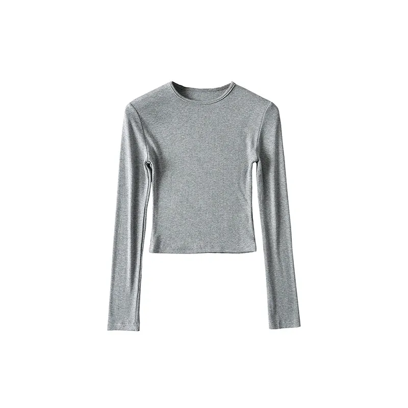 Willy Solid Color Ribbed Round Neck Slim Long Sleeve Cropped Bodysuit Top