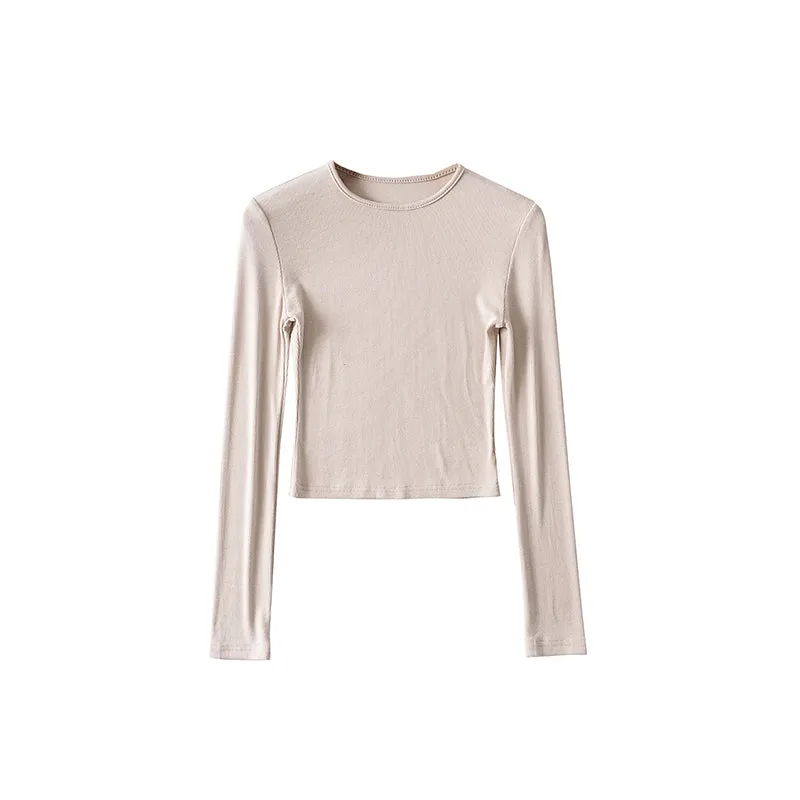Willy Solid Color Ribbed Round Neck Slim Long Sleeve Cropped Bodysuit Top
