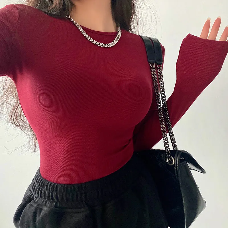 Willy Solid Color Ribbed Round Neck Slim Long Sleeve Cropped Bodysuit Top