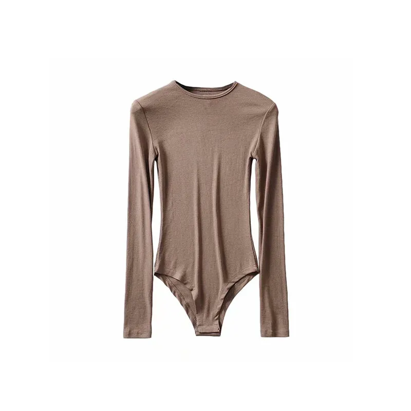 Willy Solid Color Ribbed Round Neck Slim Long Sleeve Cropped Bodysuit Top