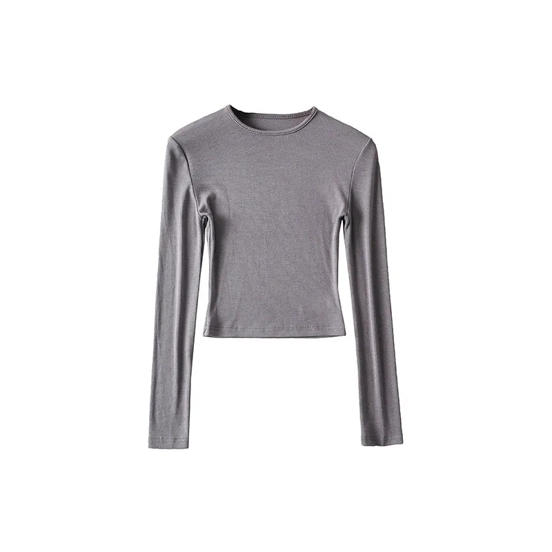 Willy Solid Color Ribbed Round Neck Slim Long Sleeve Cropped Bodysuit Top
