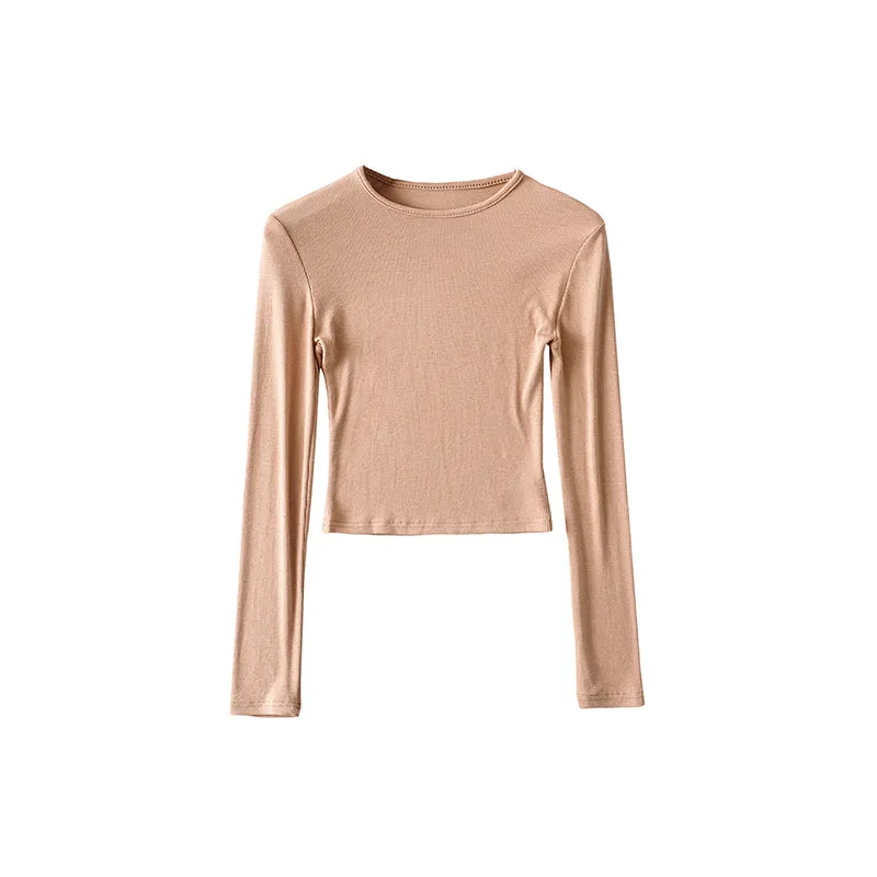 Willy Solid Color Ribbed Round Neck Slim Long Sleeve Cropped Bodysuit Top