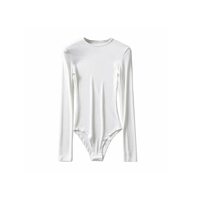 Willy Solid Color Ribbed Round Neck Slim Long Sleeve Cropped Bodysuit Top