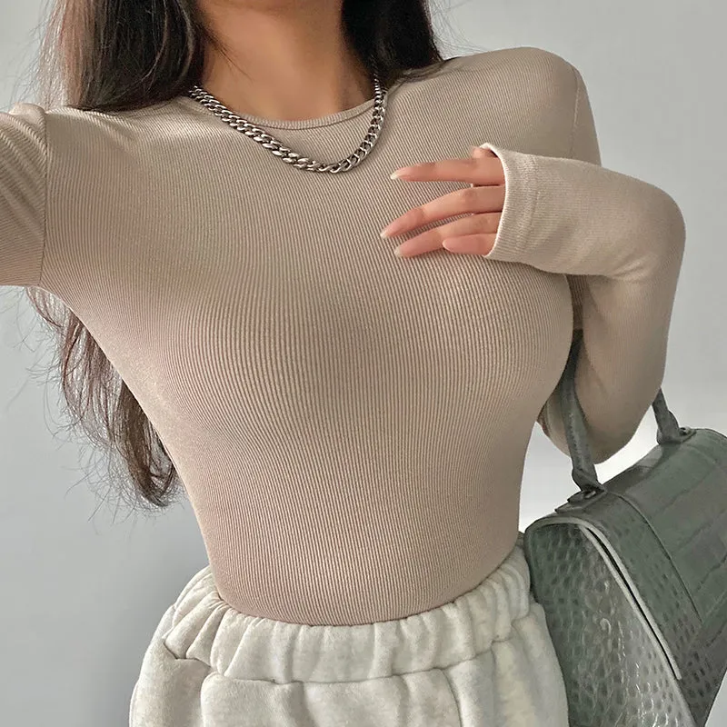 Willy Solid Color Ribbed Round Neck Slim Long Sleeve Cropped Bodysuit Top