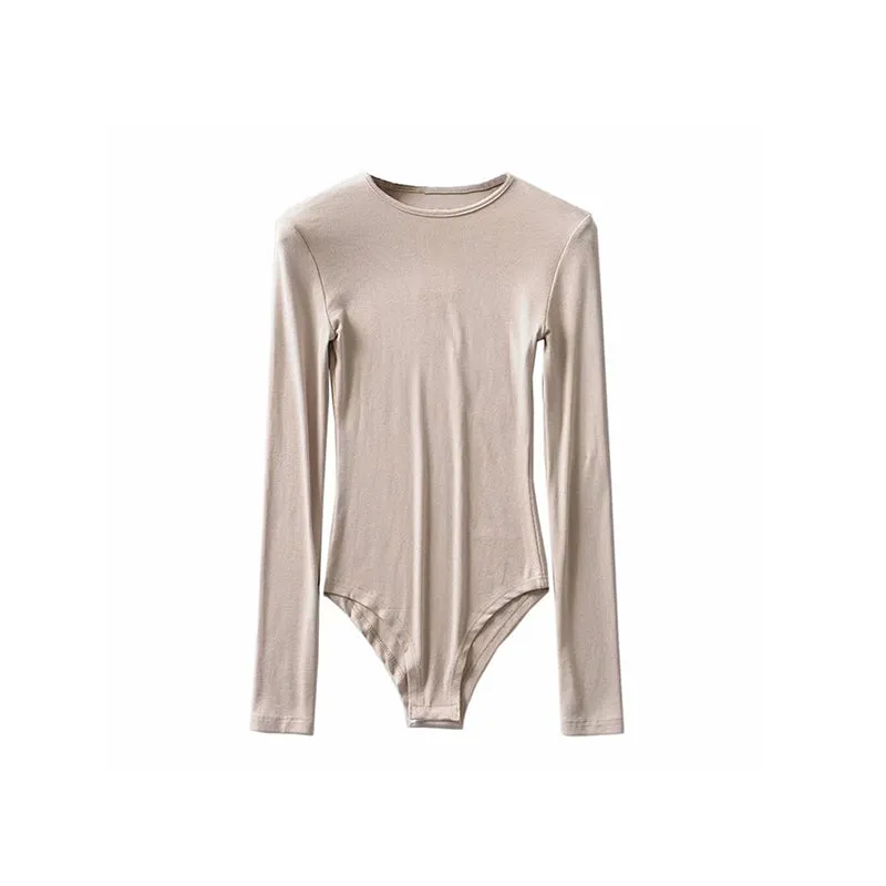 Willy Solid Color Ribbed Round Neck Slim Long Sleeve Cropped Bodysuit Top