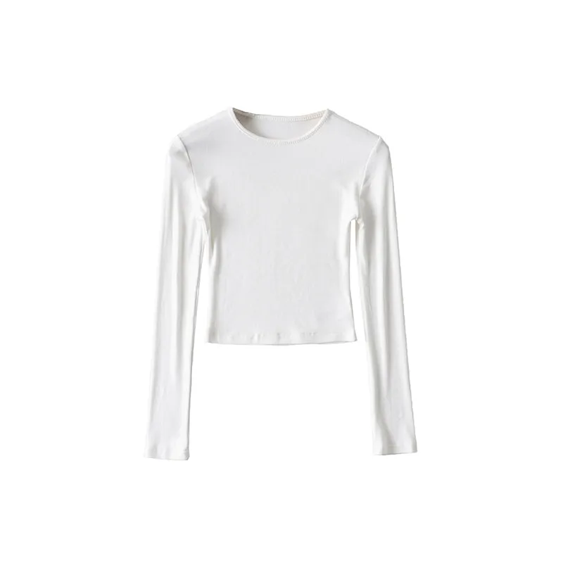 Willy Solid Color Ribbed Round Neck Slim Long Sleeve Cropped Bodysuit Top