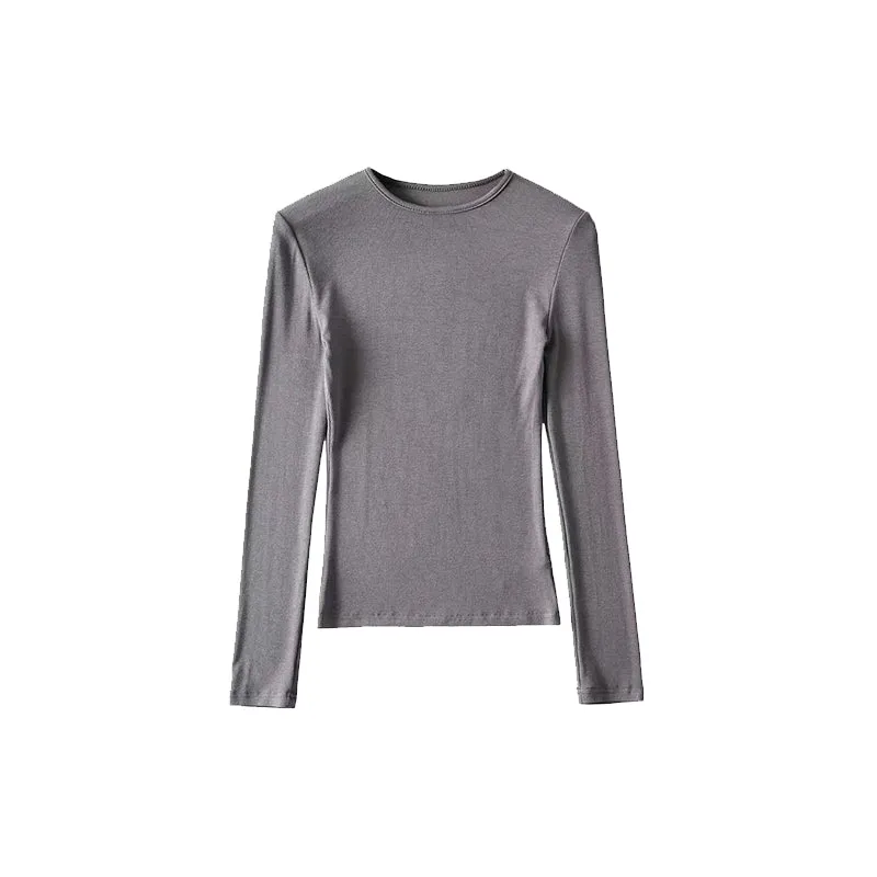 Willy Solid Color Ribbed Round Neck Slim Long Sleeve Cropped Bodysuit Top