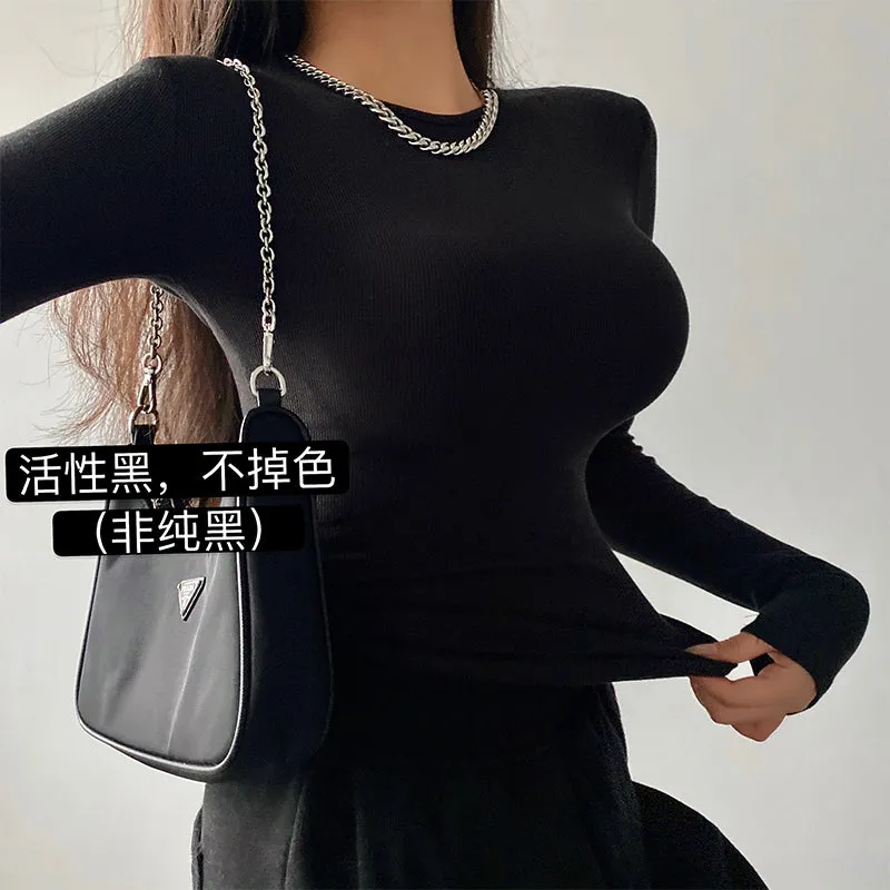 Willy Solid Color Ribbed Round Neck Slim Long Sleeve Cropped Bodysuit Top