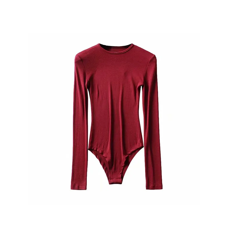 Willy Solid Color Ribbed Round Neck Slim Long Sleeve Cropped Bodysuit Top