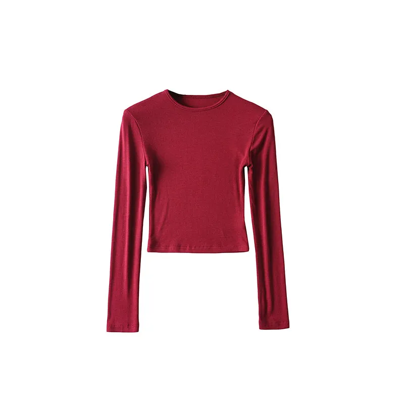 Willy Solid Color Ribbed Round Neck Slim Long Sleeve Cropped Bodysuit Top