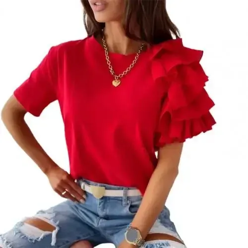 Women elegant white Solid Color Layered Ruffle Short Sleeve Asymmetric Loose T-shirt