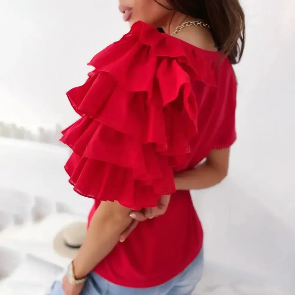 Women elegant white Solid Color Layered Ruffle Short Sleeve Asymmetric Loose T-shirt