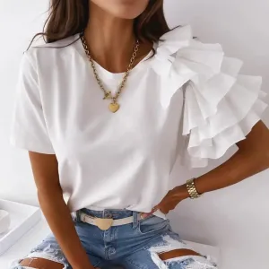 Women elegant white Solid Color Layered Ruffle Short Sleeve Asymmetric Loose T-shirt