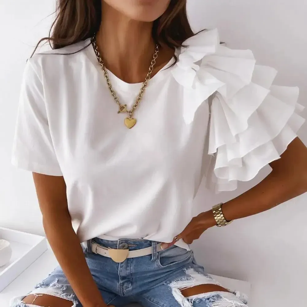 Women elegant white Solid Color Layered Ruffle Short Sleeve Asymmetric Loose T-shirt