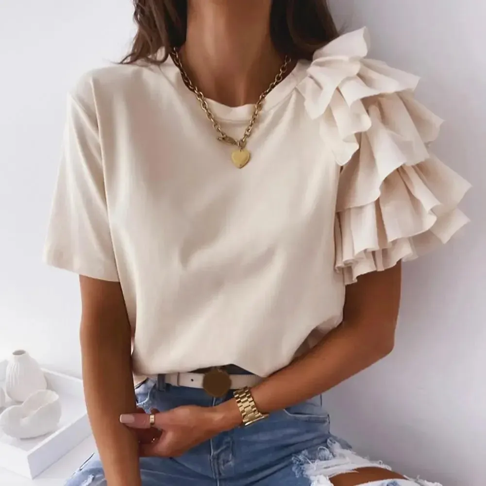 Women elegant white Solid Color Layered Ruffle Short Sleeve Asymmetric Loose T-shirt