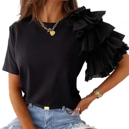 Women elegant white Solid Color Layered Ruffle Short Sleeve Asymmetric Loose T-shirt