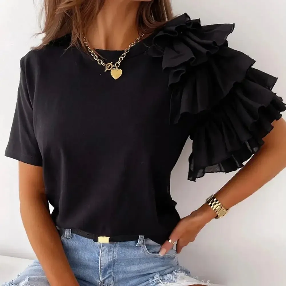 Women elegant white Solid Color Layered Ruffle Short Sleeve Asymmetric Loose T-shirt
