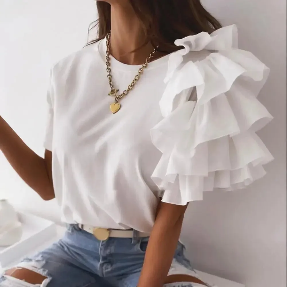 Women elegant white Solid Color Layered Ruffle Short Sleeve Asymmetric Loose T-shirt