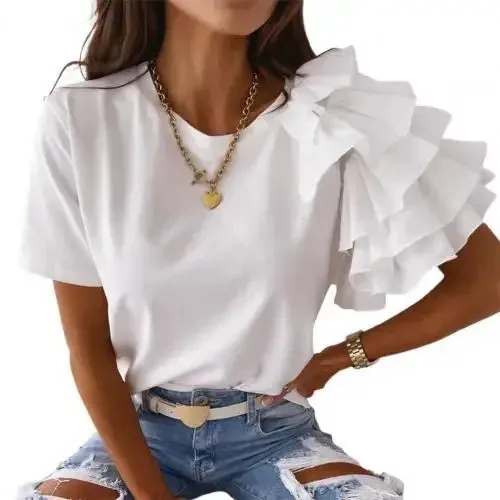 Women elegant white Solid Color Layered Ruffle Short Sleeve Asymmetric Loose T-shirt