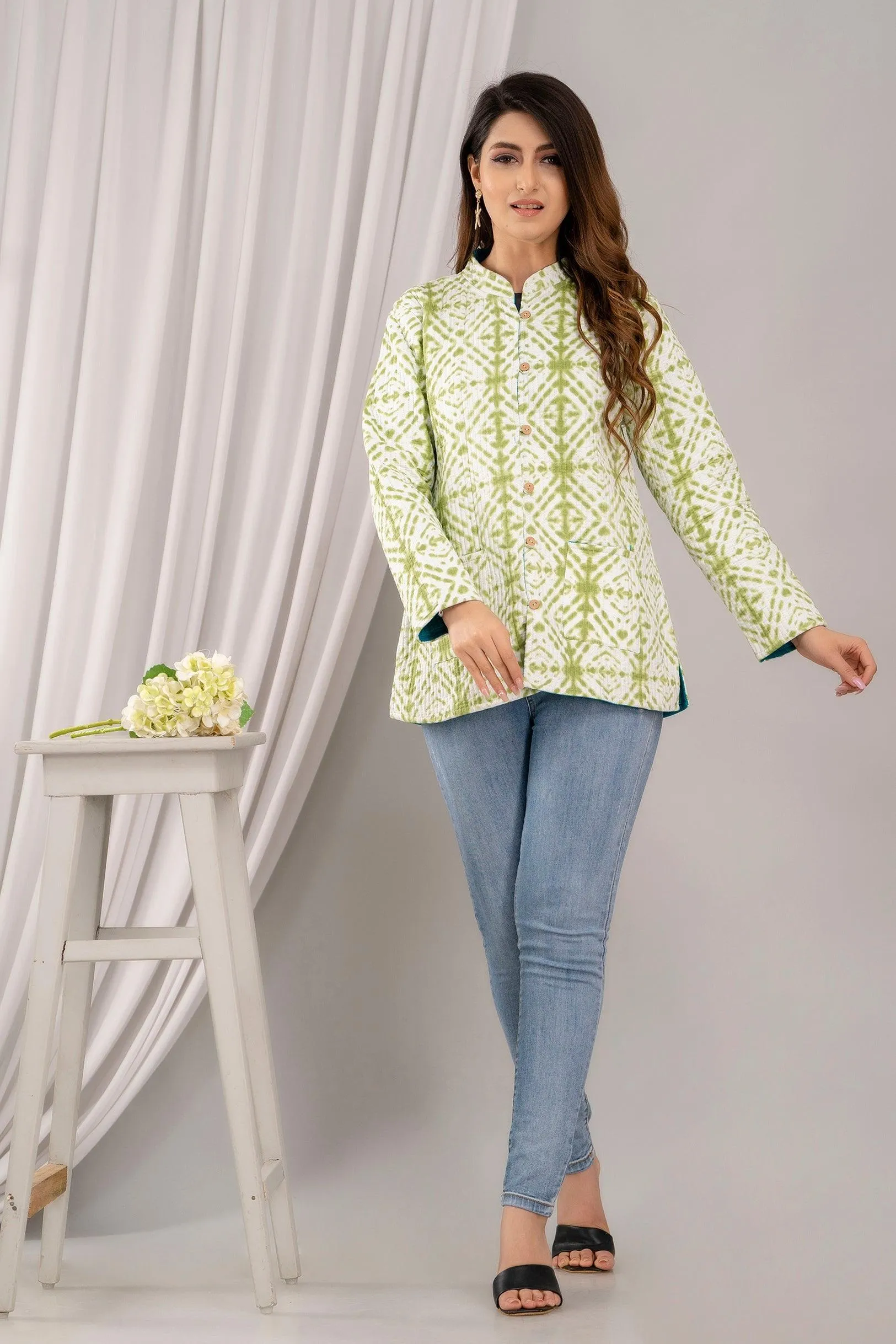 Women Printed Lightweight Cotton Quilted Light Green Jacket - SHKL1018