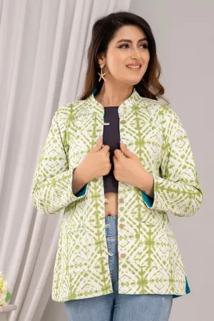 Women Printed Lightweight Cotton Quilted Light Green Jacket - SHKL1018