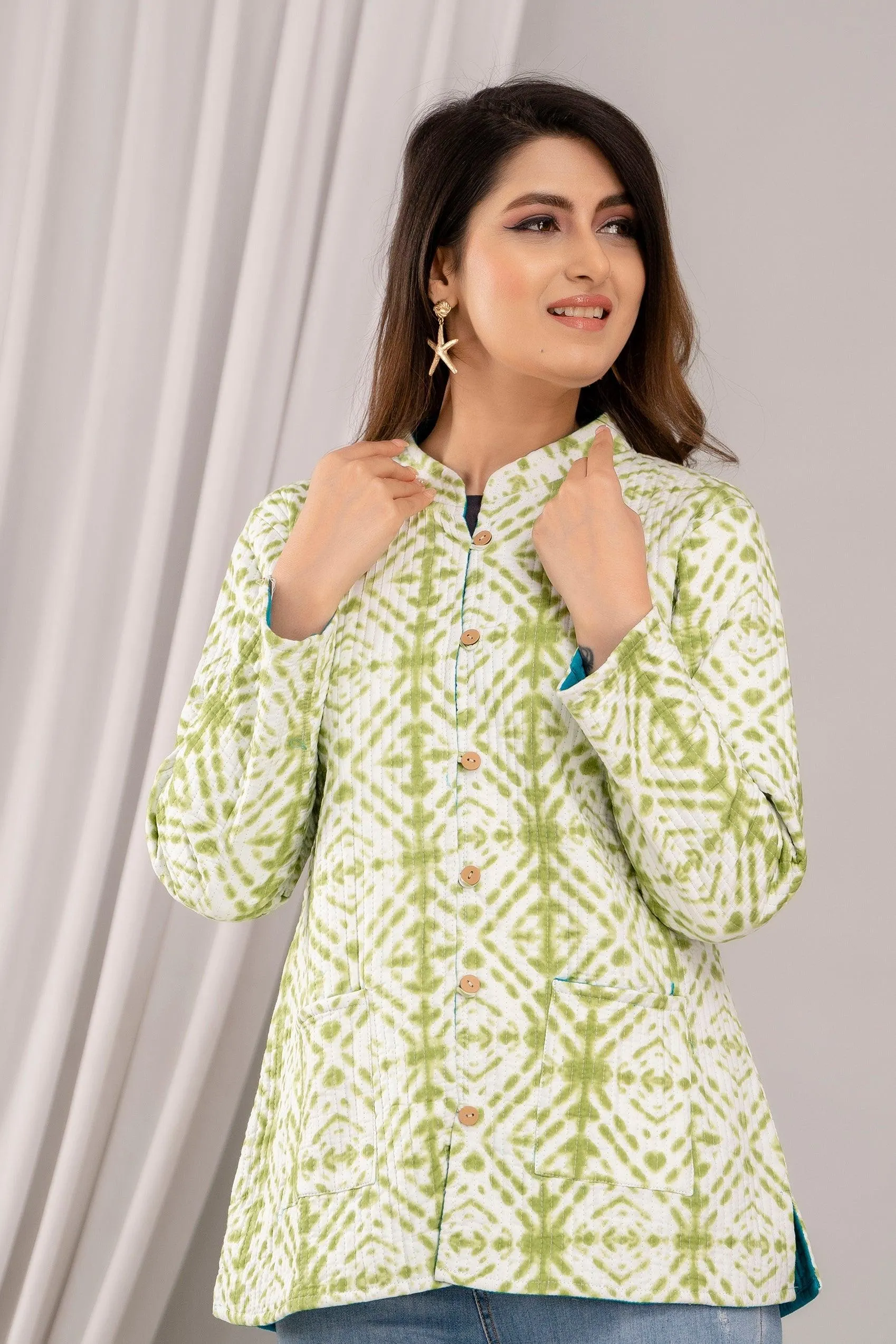 Women Printed Lightweight Cotton Quilted Light Green Jacket - SHKL1018