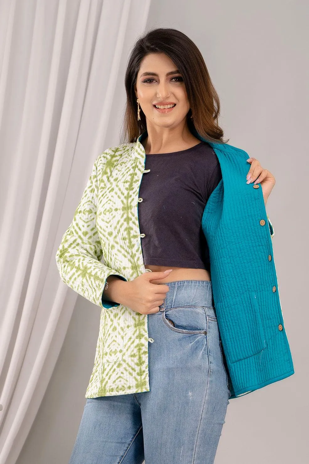 Women Printed Lightweight Cotton Quilted Light Green Jacket - SHKL1018