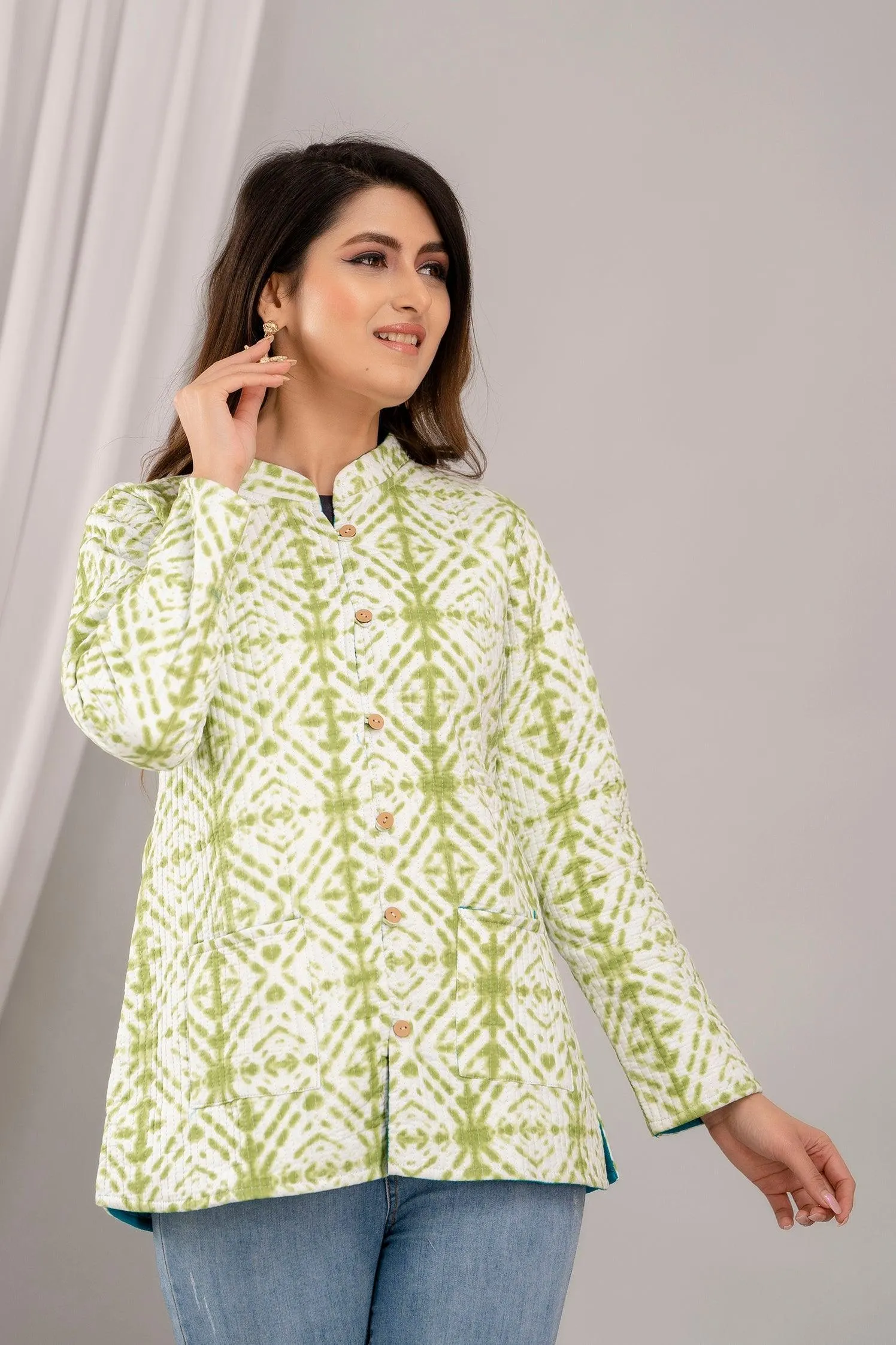 Women Printed Lightweight Cotton Quilted Light Green Jacket - SHKL1018