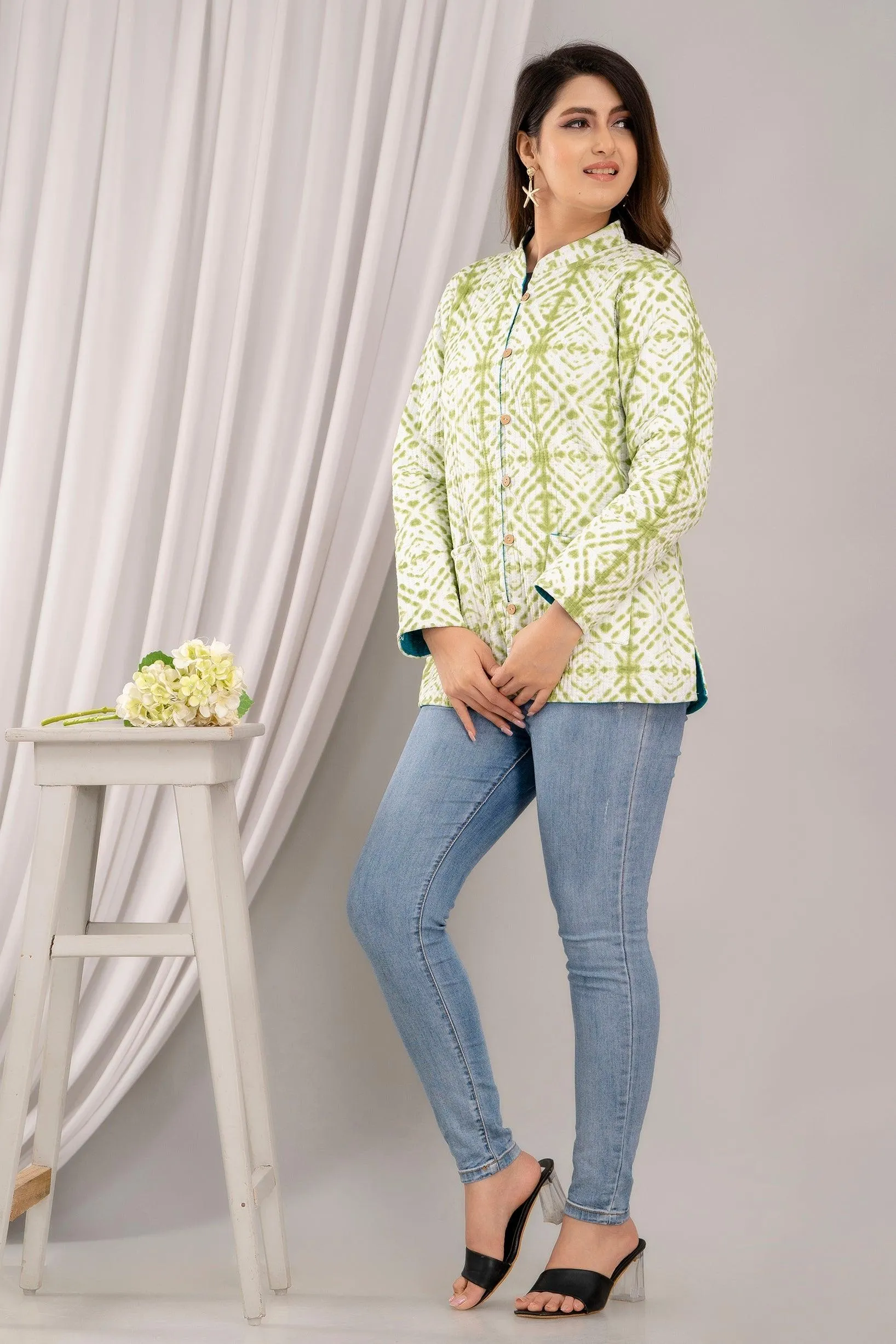 Women Printed Lightweight Cotton Quilted Light Green Jacket - SHKL1018
