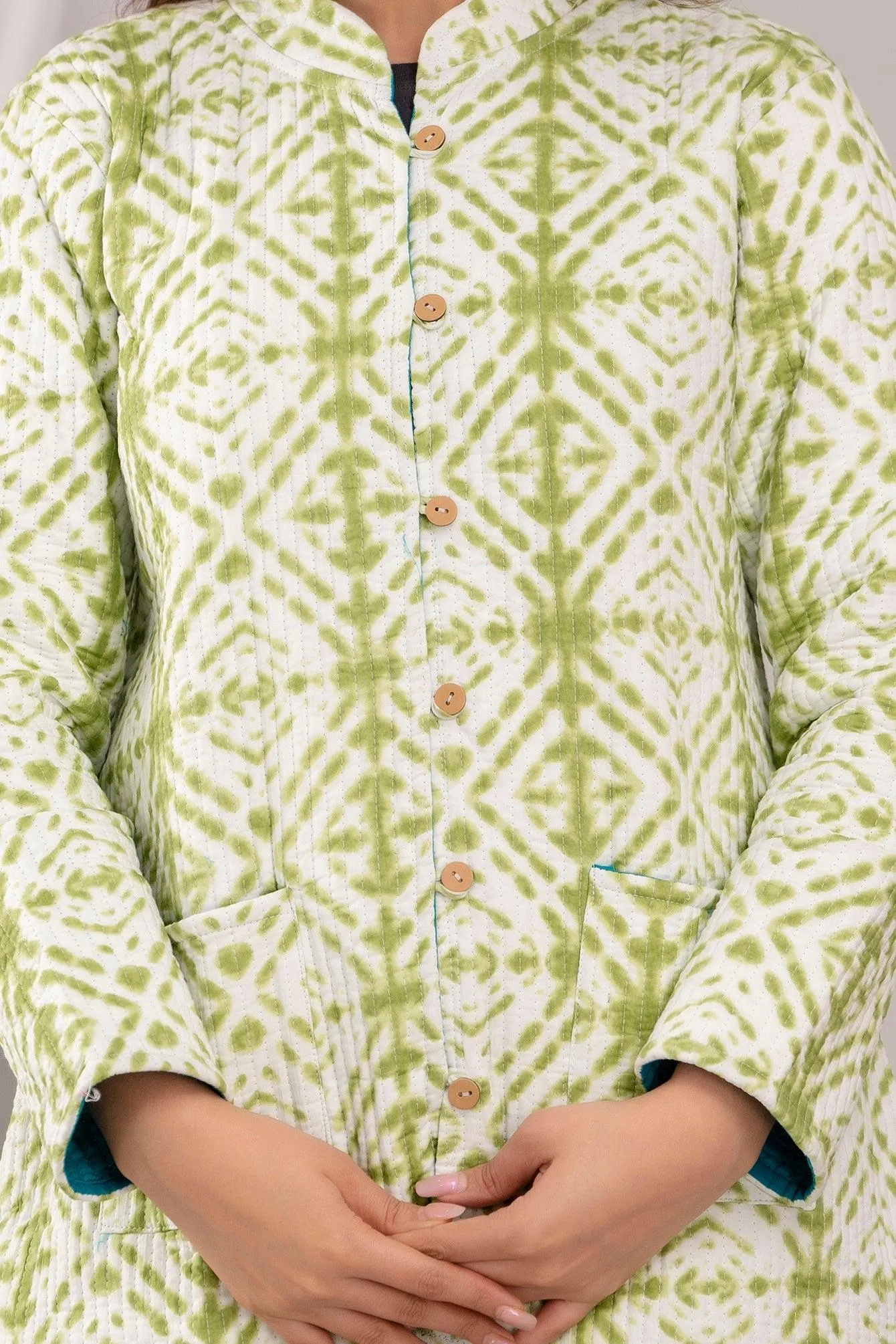 Women Printed Lightweight Cotton Quilted Light Green Jacket - SHKL1018